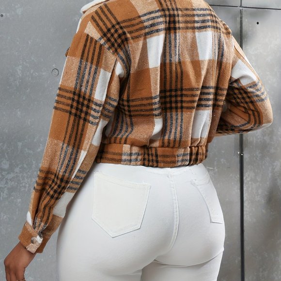 Boho Button Plaid Faux Fur Collar Jacket, Casual Long Sleeve Crop Jacket - Picture 9 of 10